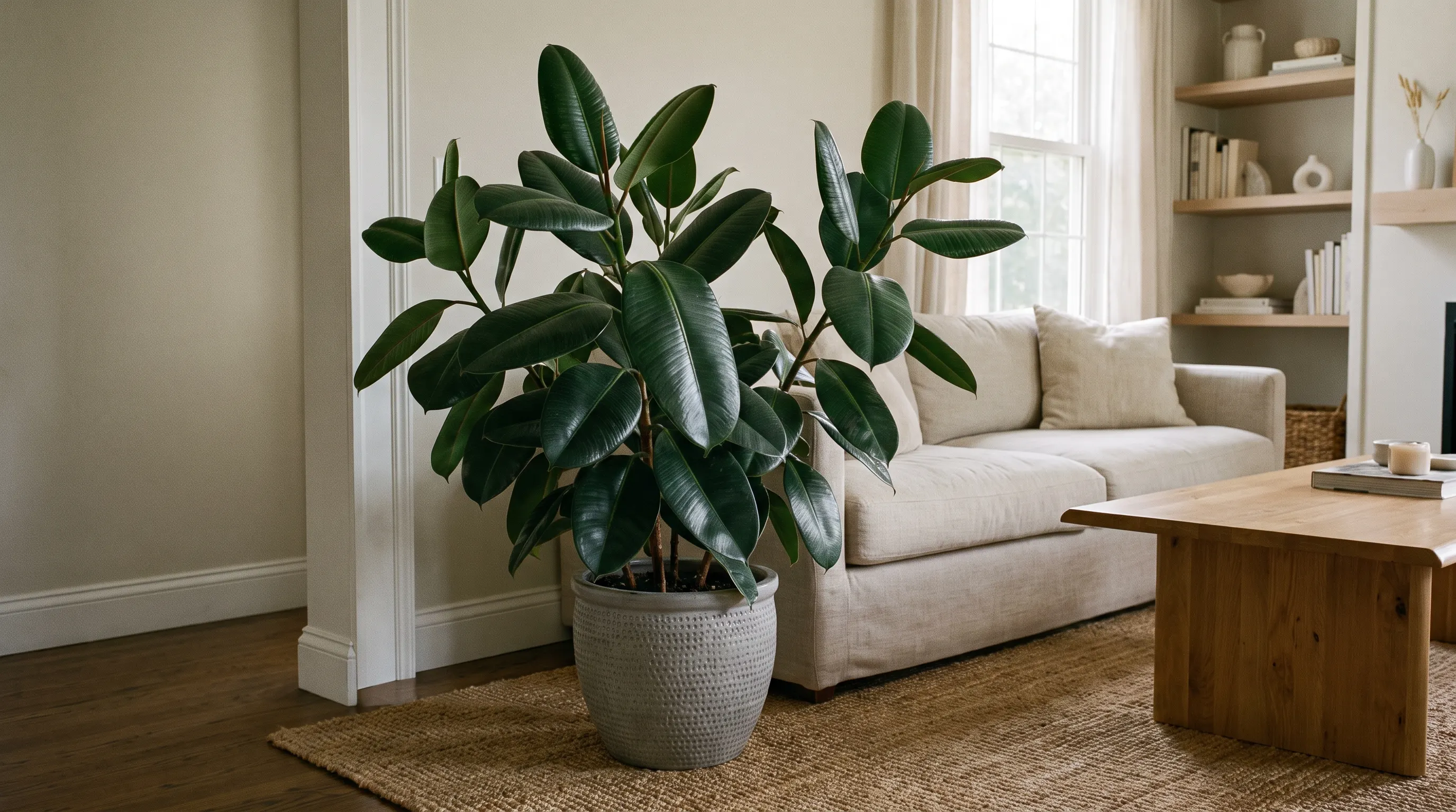 Rubber plant with large glossy leaves growing indoors near a window