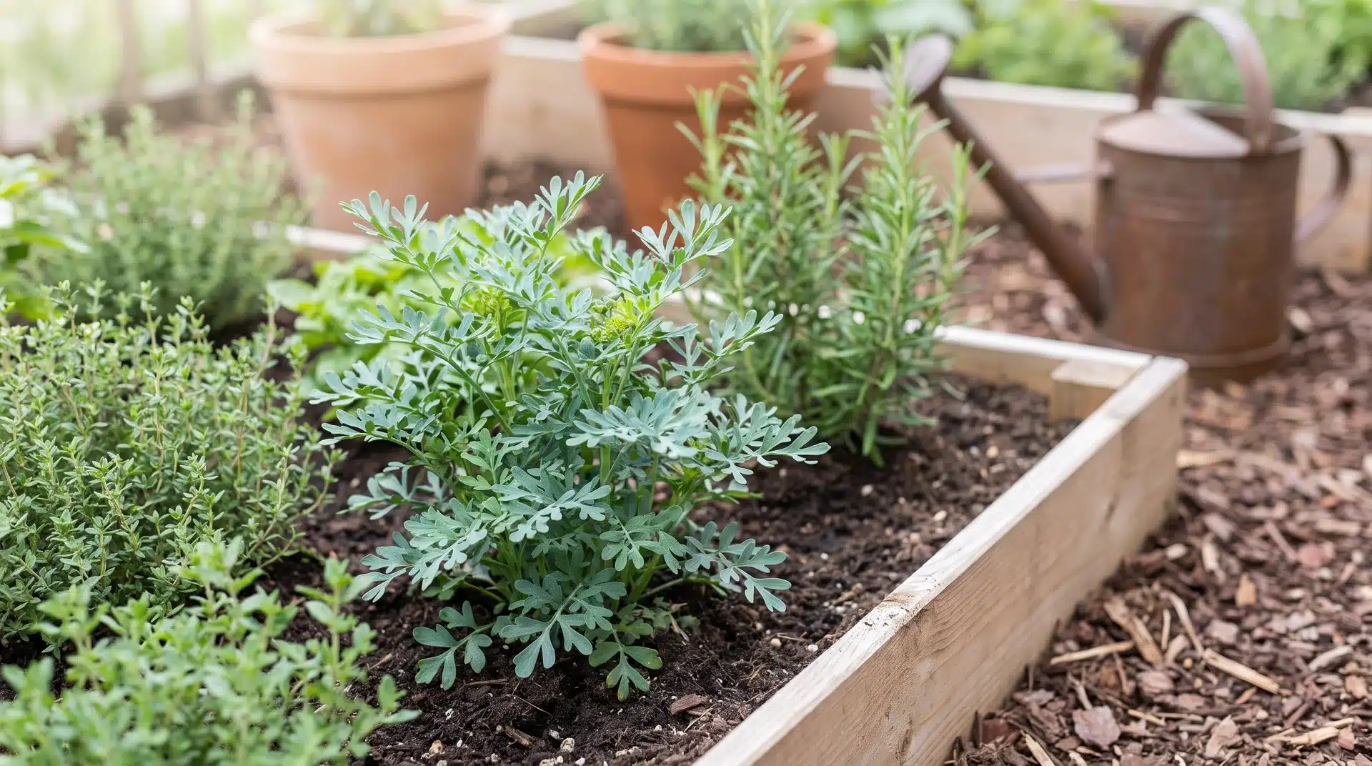 Rue plant growing in garden soil, traditionally used as plants that repel japanese beetles due to its strong odor.