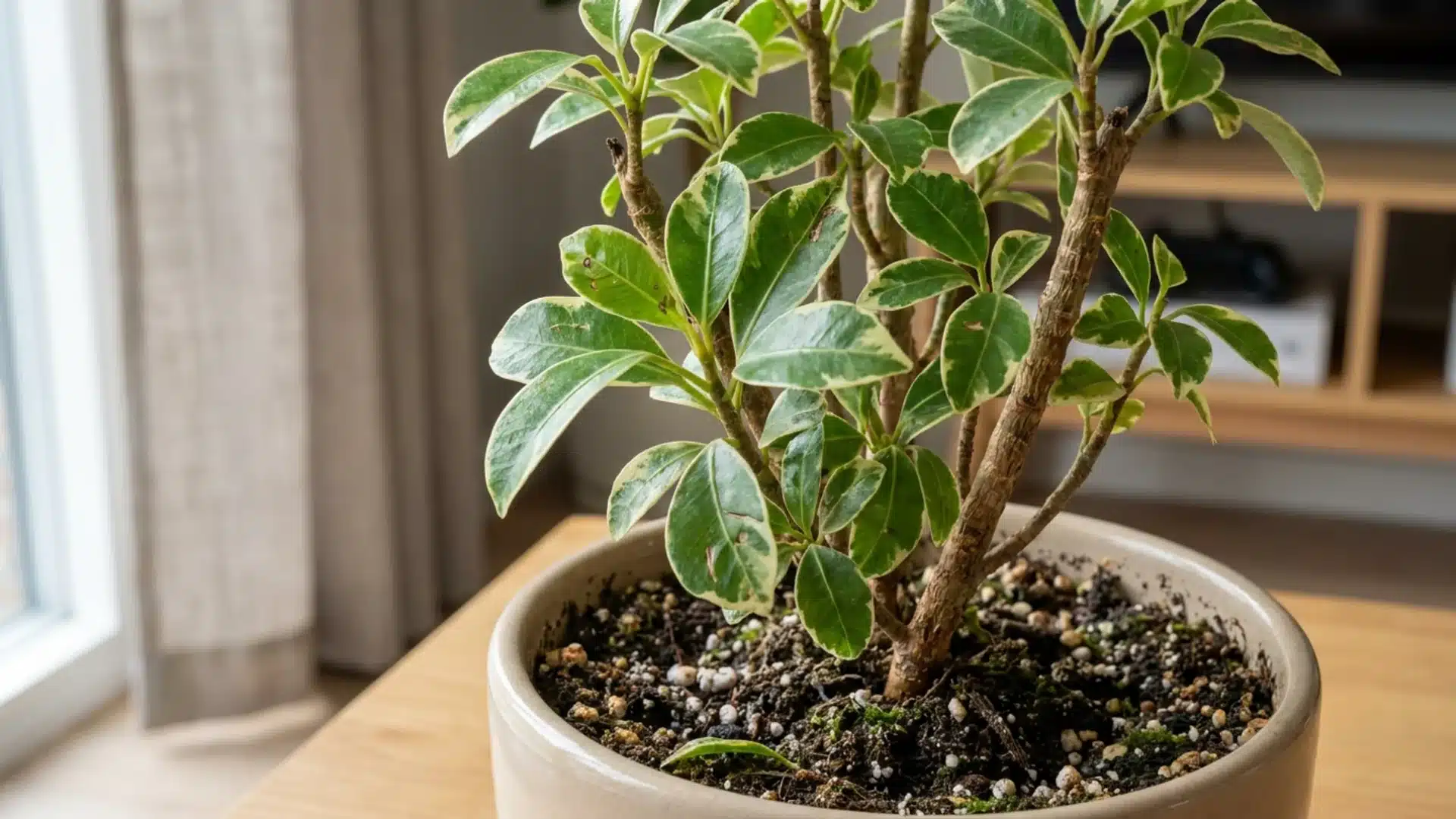 Variegated schefflera plant with green and cream leaves in a pot.