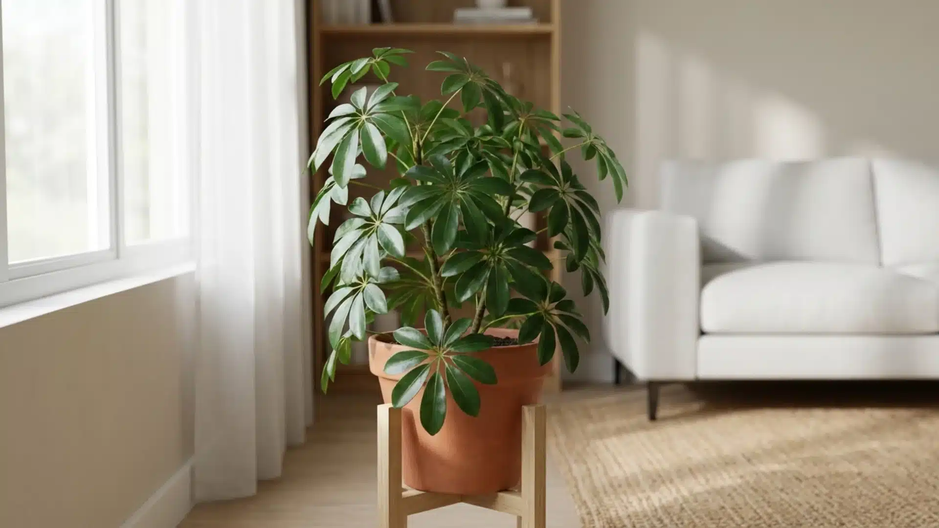 Schefflera plant receiving bright indirect sunlight indoors.