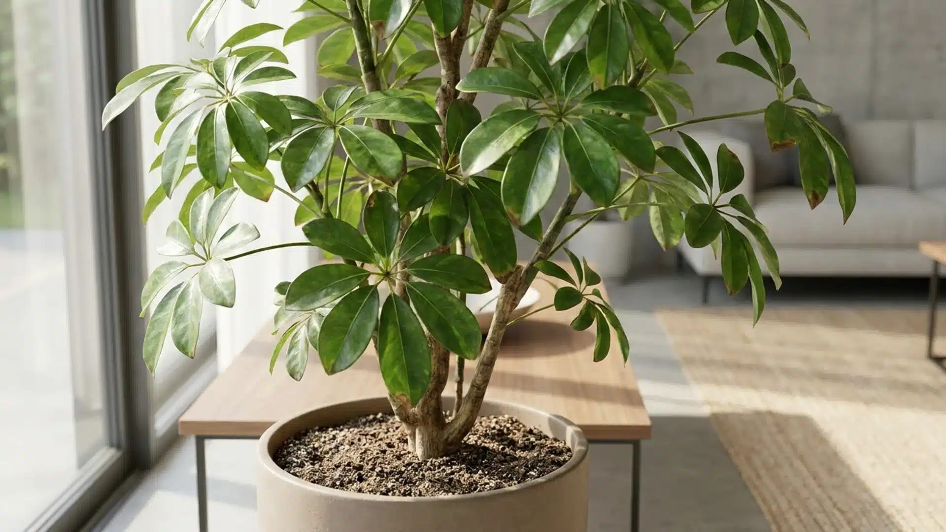 Healthy schefflera plant growing indoors near a bright window.