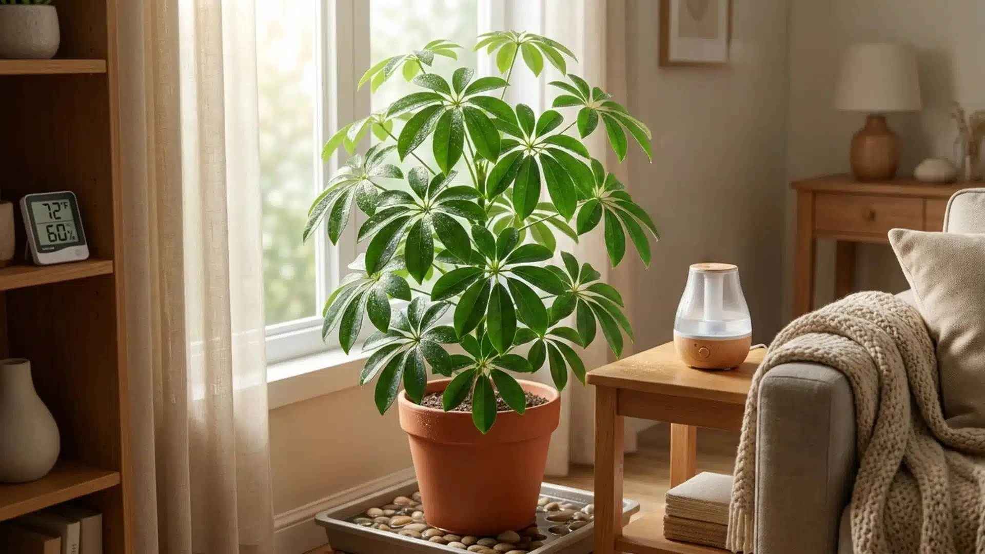 Schefflera plant placed indoors with a humidity monitor nearby.