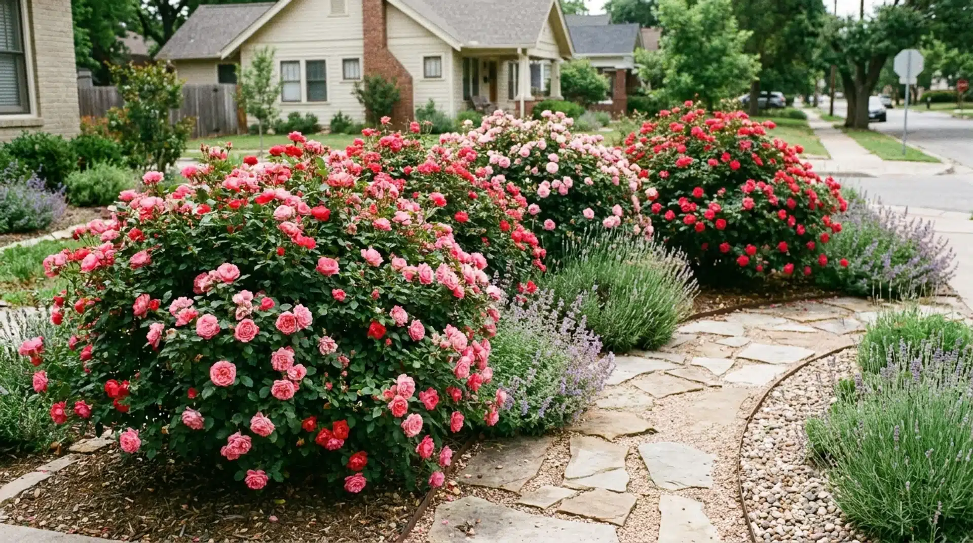 Types of roses with flowering shrub varieties lining a garden path with pink blooms.