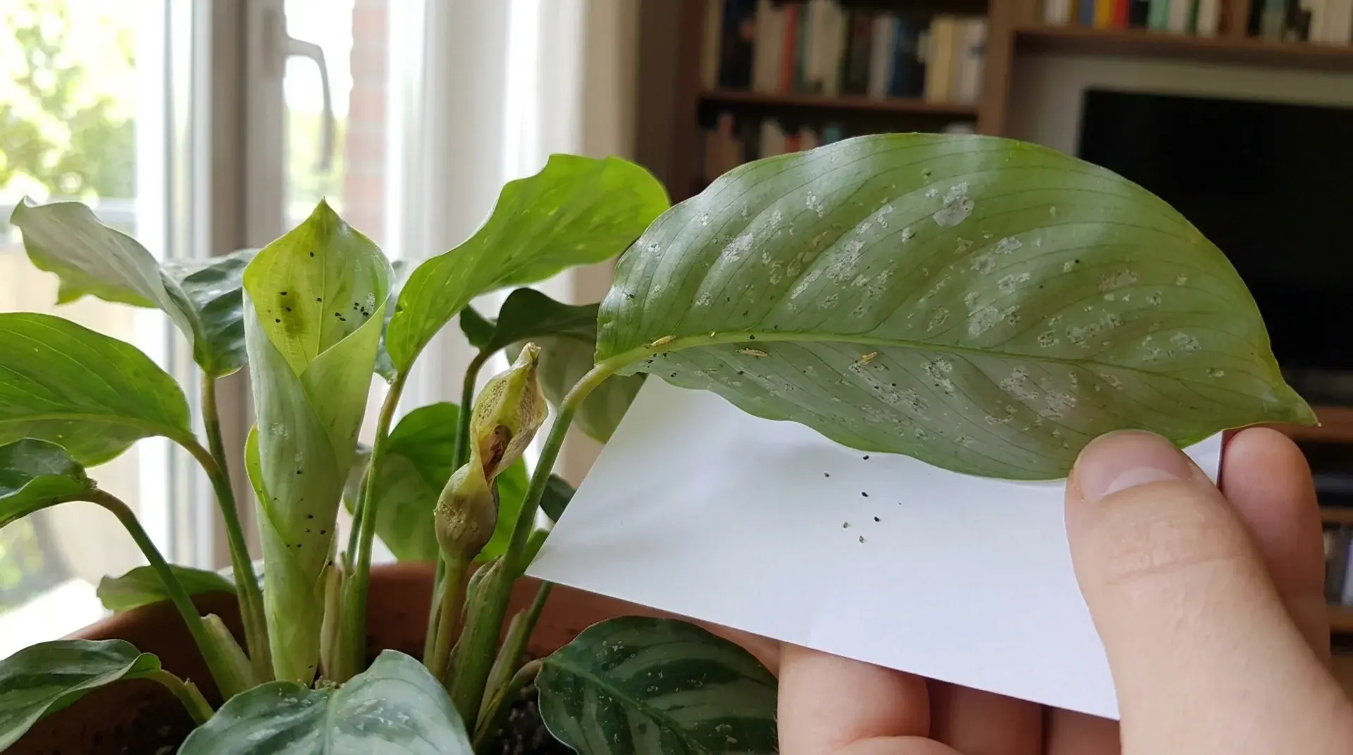 Thrips damage on houseplant leaves with silver patches, curled growth, black specks, and white paper test.