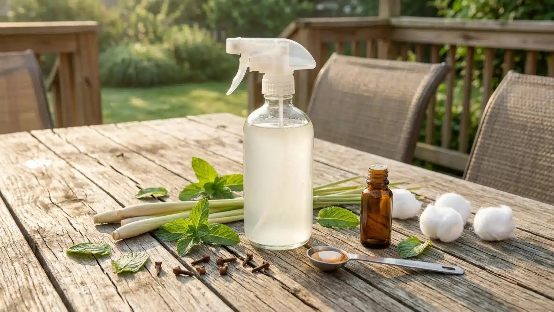 Natural wasp repellents including mint, lemongrass, essential oils, and ingredients on an outdoor table.