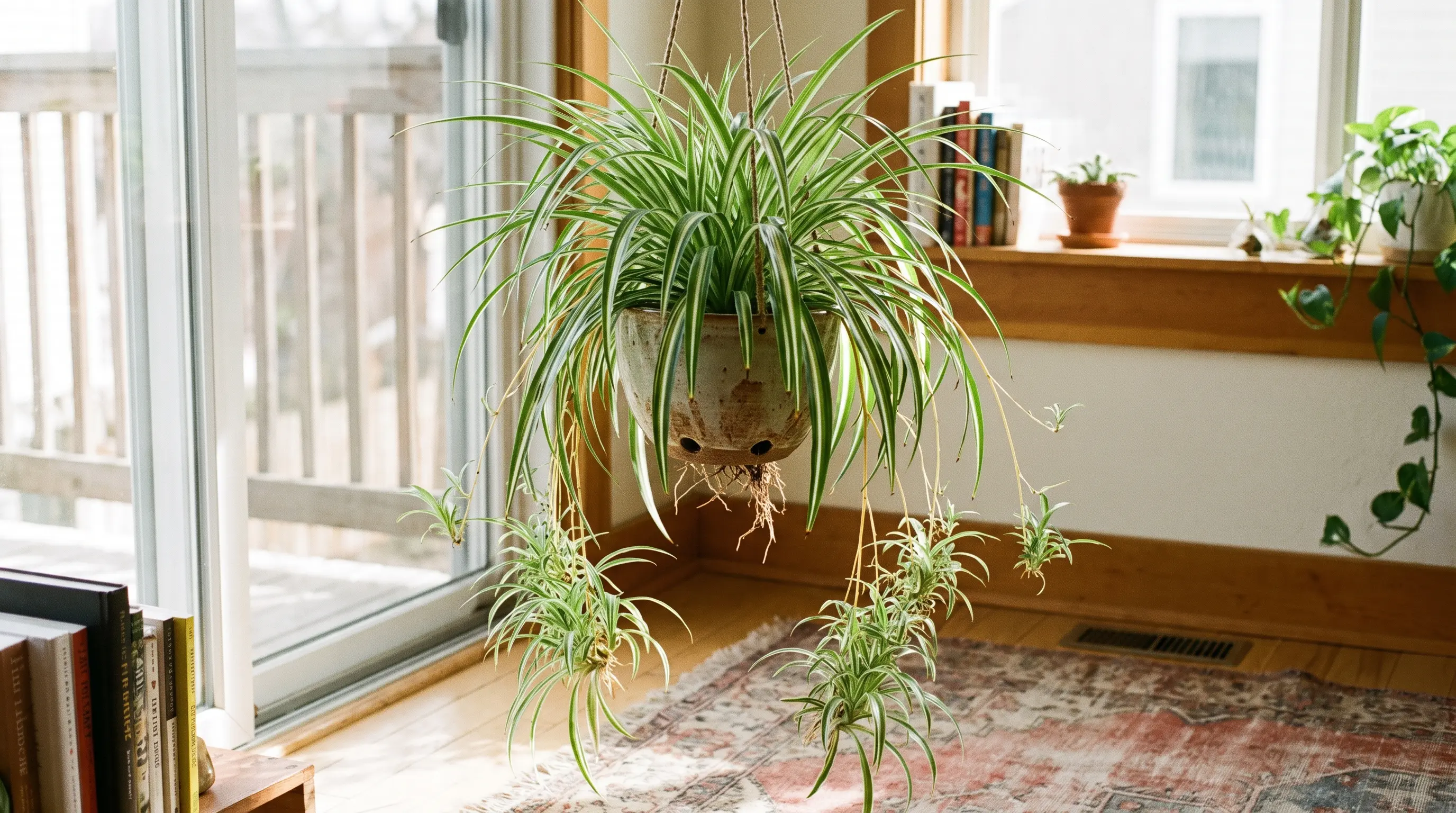 Spider plant with hanging baby pups growing in an indoor planter