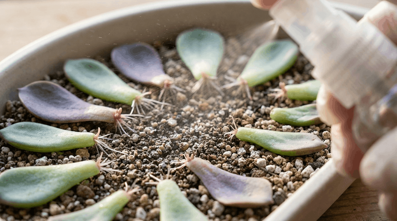 Succulent leaves showing early root growth while soil is lightly misted during propagation in indoor gardening setup.