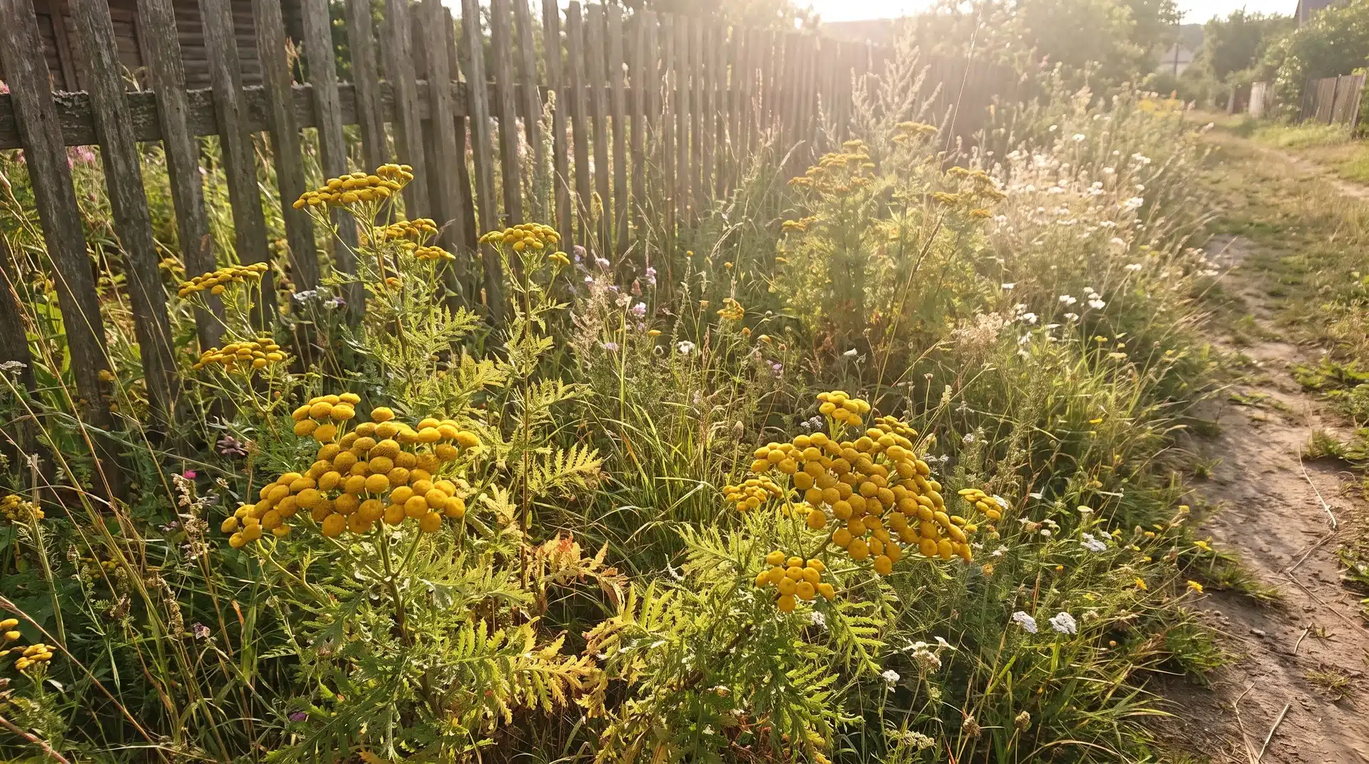 Tansy flowering in natural garden setting, often included among plants that repel japanese beetles and other common pests.