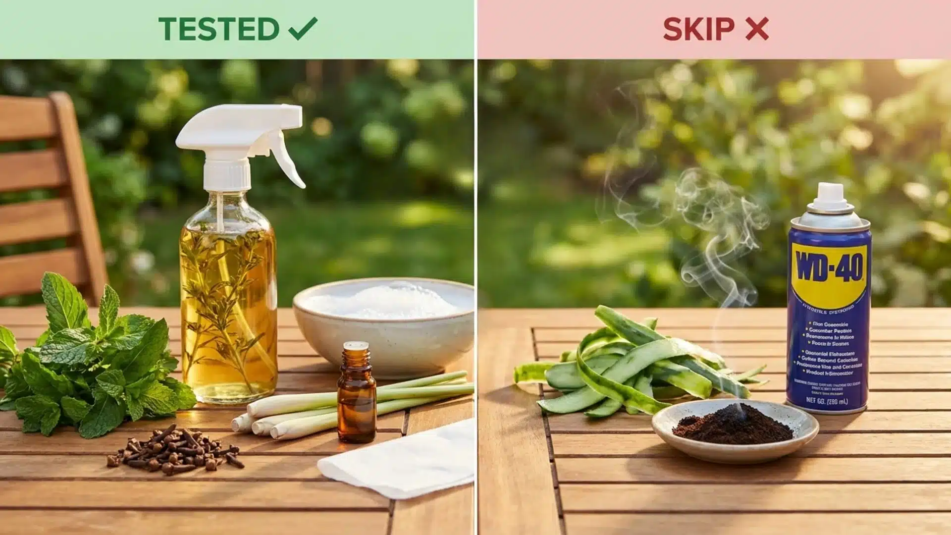 Comparison image showing tested natural wasp repellents versus ineffective methods to avoid.