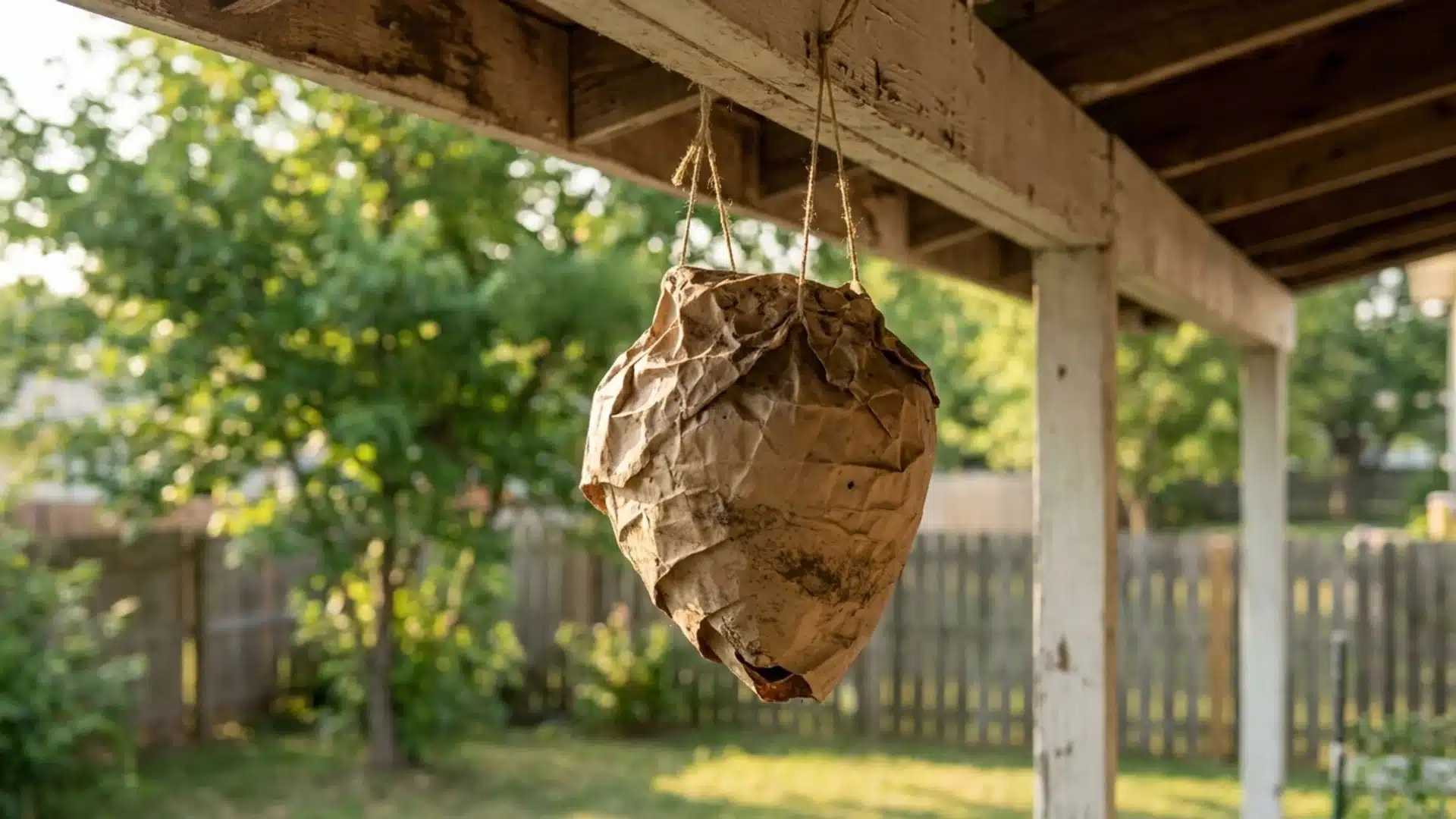 A fake wasp nest hanging under a porch roof to discourage real wasps from building nests nearby.