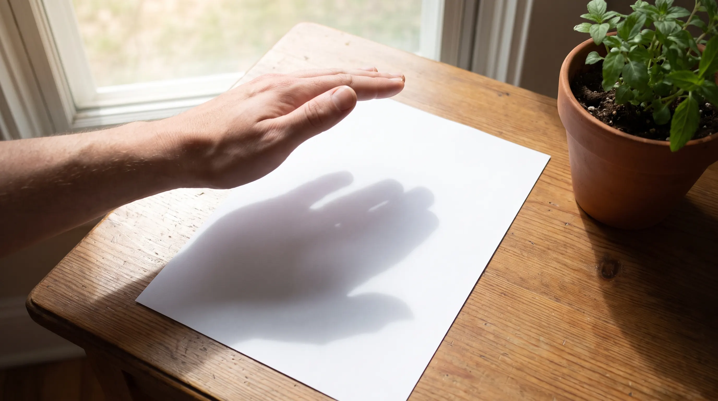 The shadow test using a hand over paper shows bright indirect light conditions with soft, diffused shadow clarity indoors.