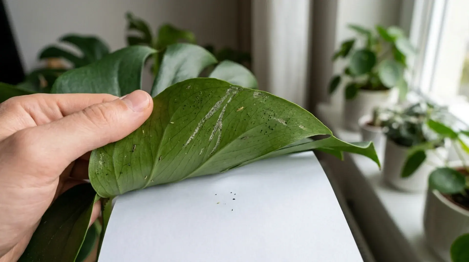 Close-up inspection of thrips damage, black specks, and curled growth on a houseplant leaf.