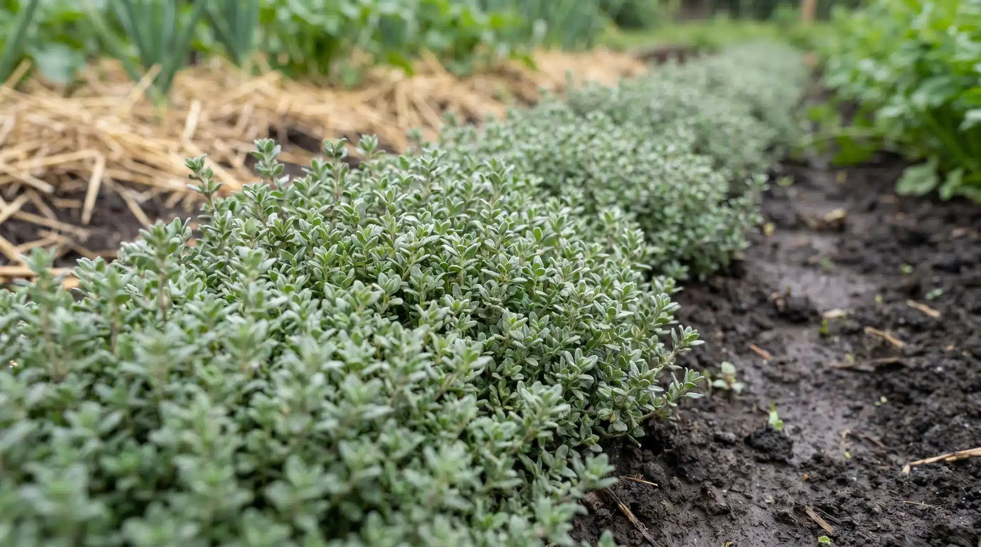 Thyme ground cover spreading across garden soil, effective as plants that repel japanese beetles in organic gardening systems.