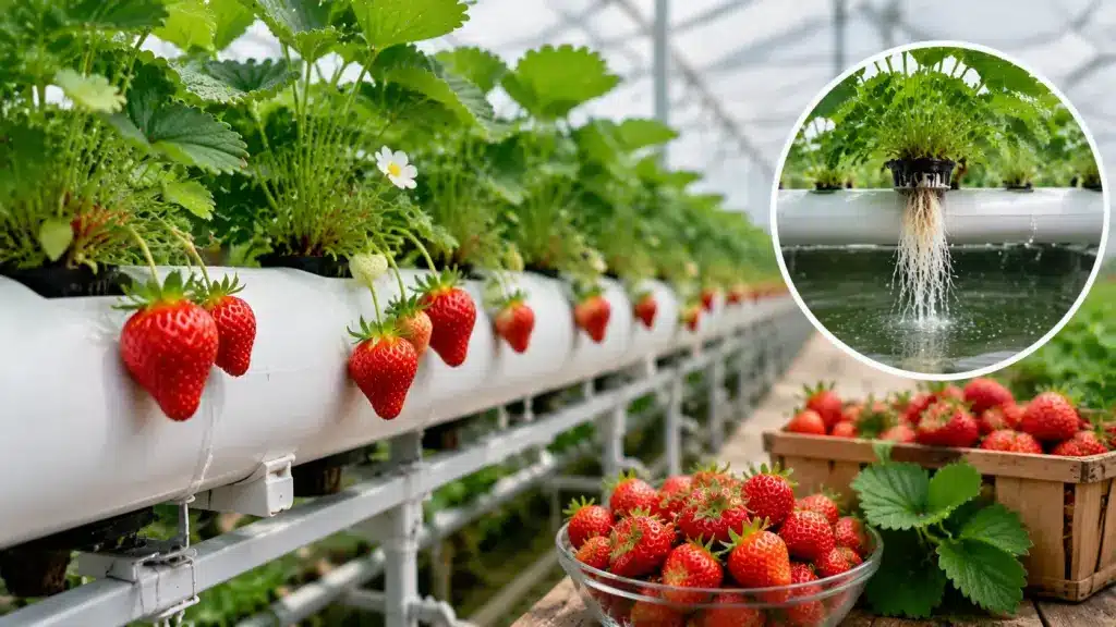 Hydroponic strawberry plants growing in greenhouse channels with nutrient water roots and fresh harvested berries in view.