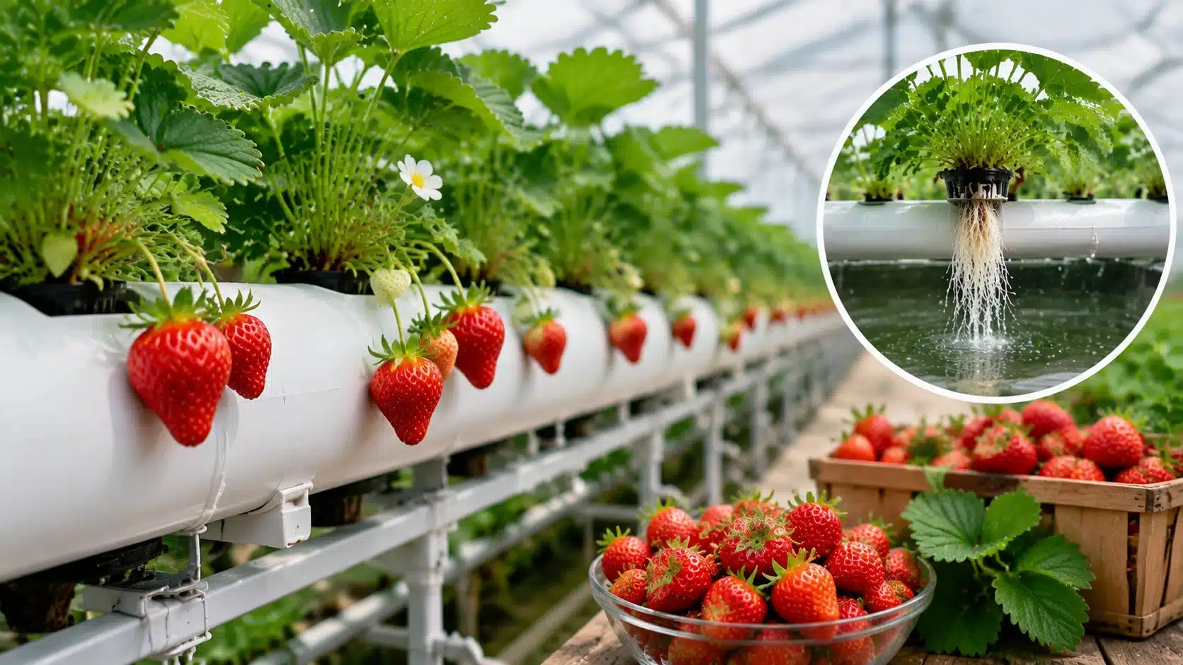 Hydroponic strawberry plants growing in greenhouse channels with nutrient water roots and fresh harvested berries in view.