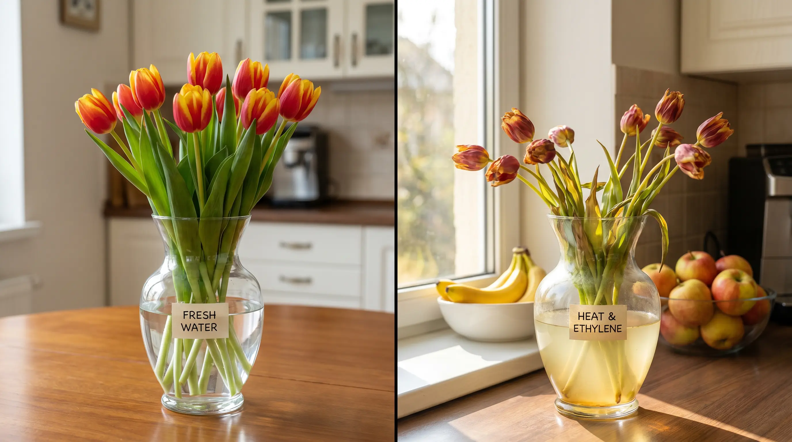 Tulips near fruit bowl and warm light showing ethylene and heat effects reducing how long tulip last indoors.