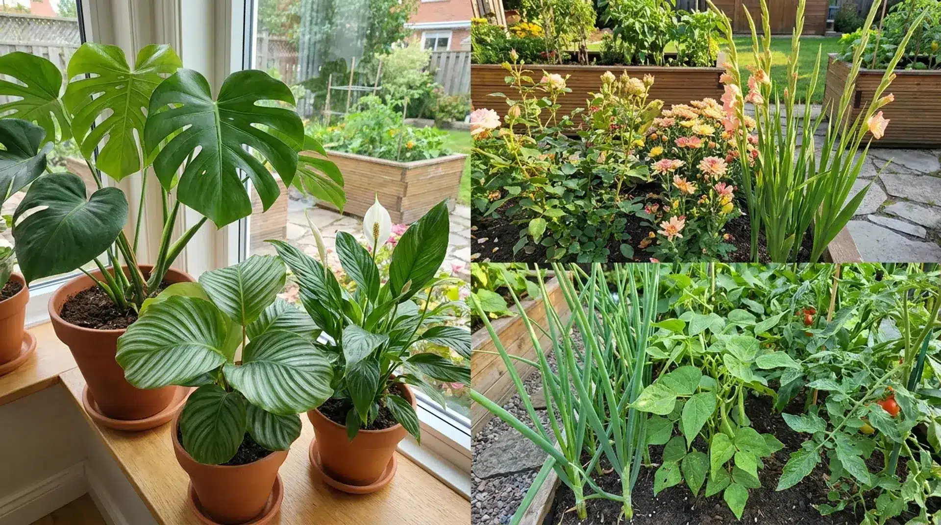Monstera, roses, onions, and other plants showing realistic thrips damage on leaves and flowers.