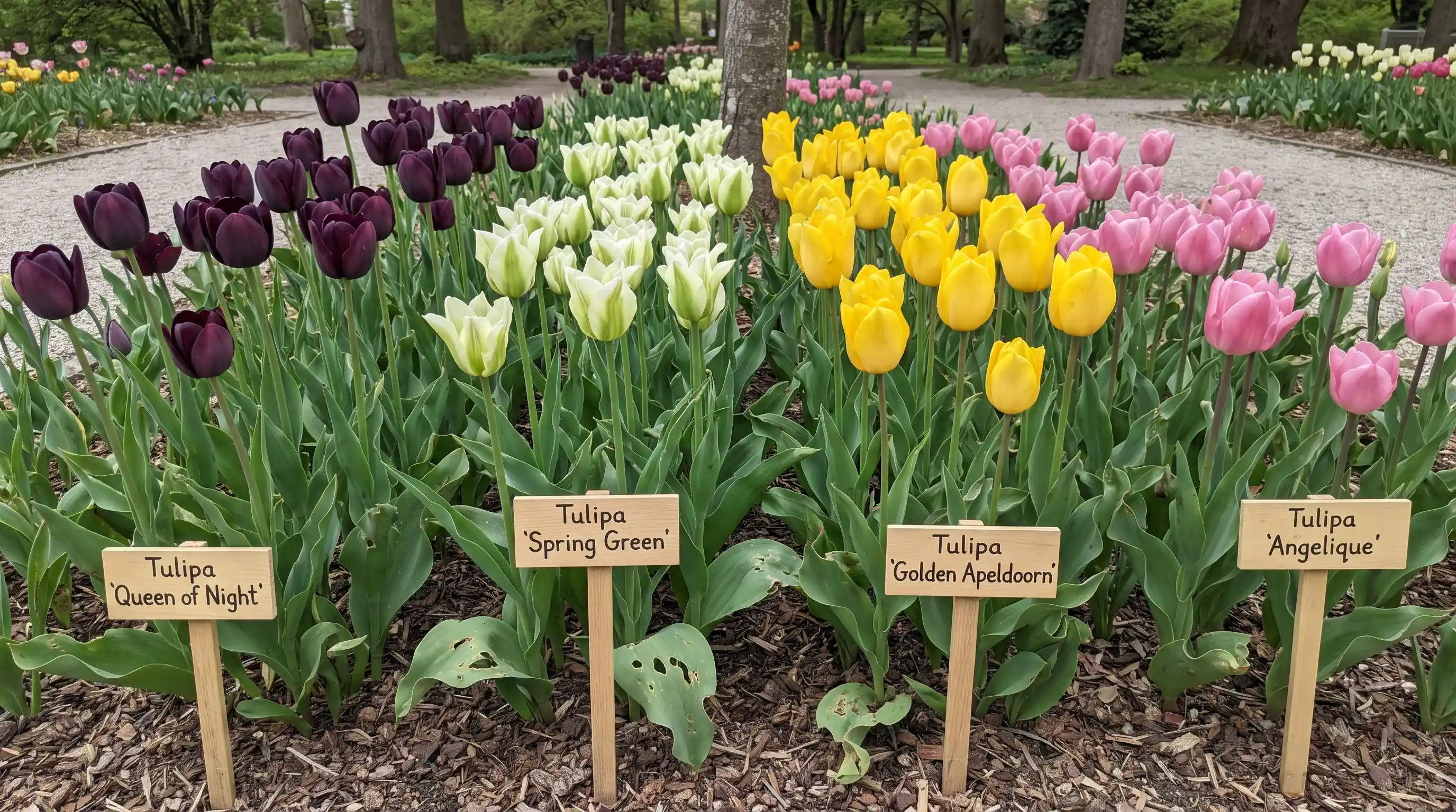 Different tulip varieties labeled visually in garden beds showing genetic differences in how long tulip last naturally.
