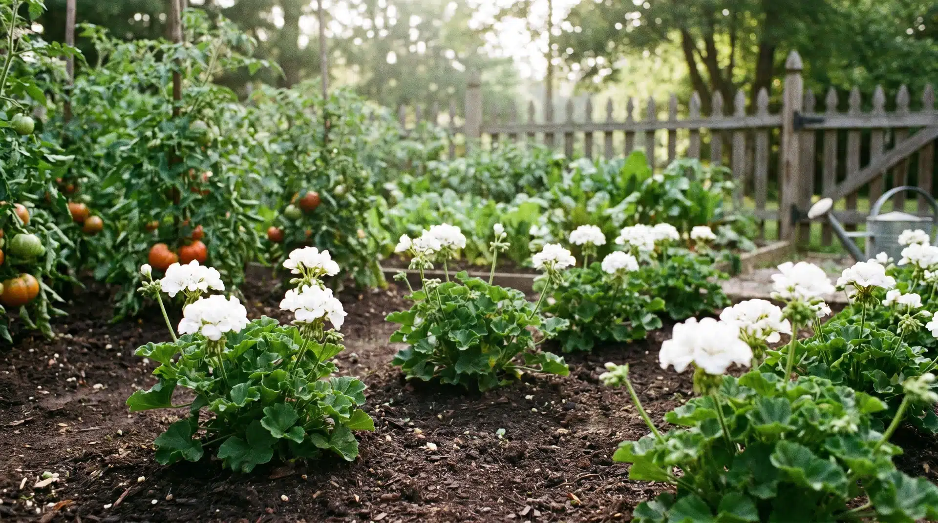 White geranium flowers growing in vegetable garden beds beside tomatoes, often included among plants that repel japanese beetles effectively.