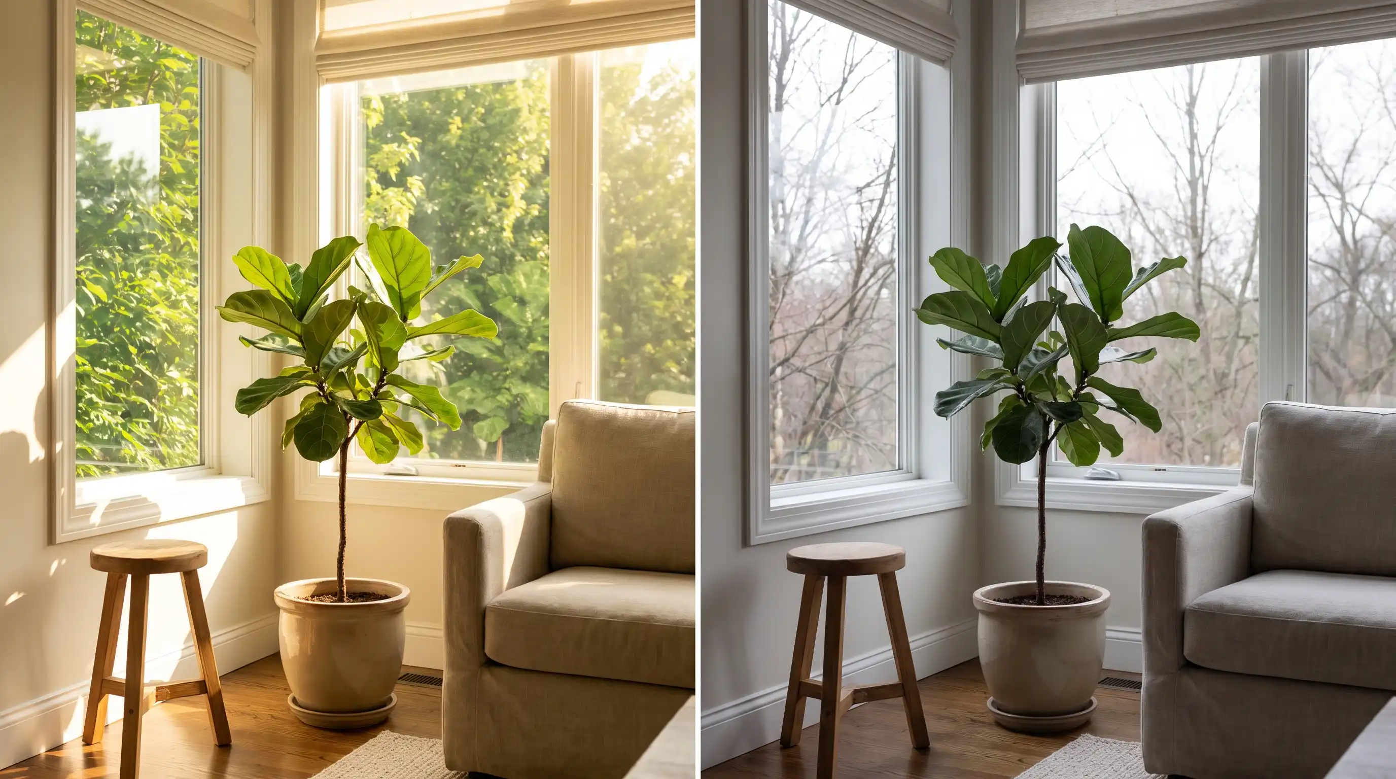 Same indoor plant near window showing seasonal variation in bright indirect light between summer and winter conditions affecting growth.