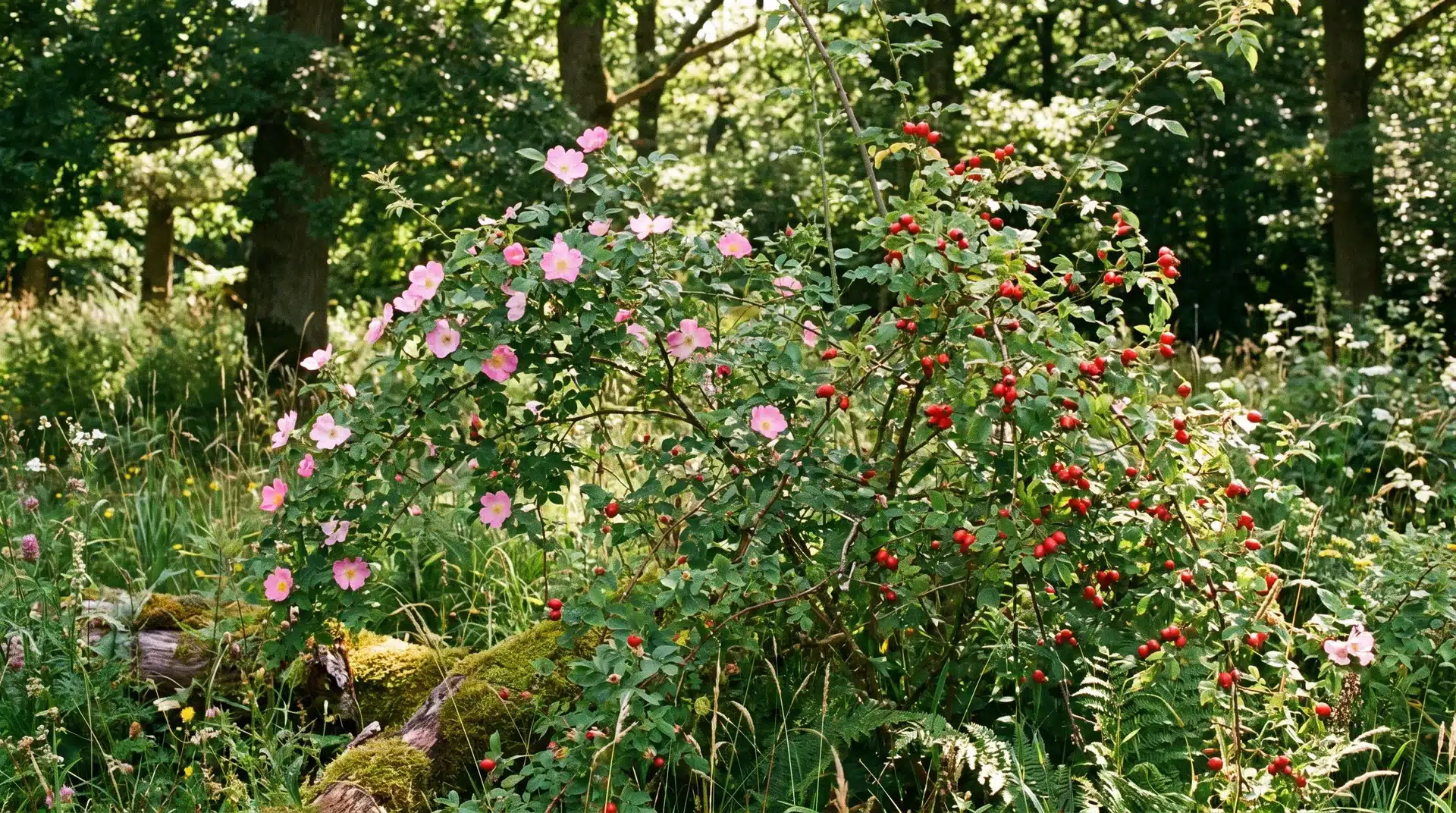 Types of roses showing wild rose flowers with red rose hips in a natural woodland setting.