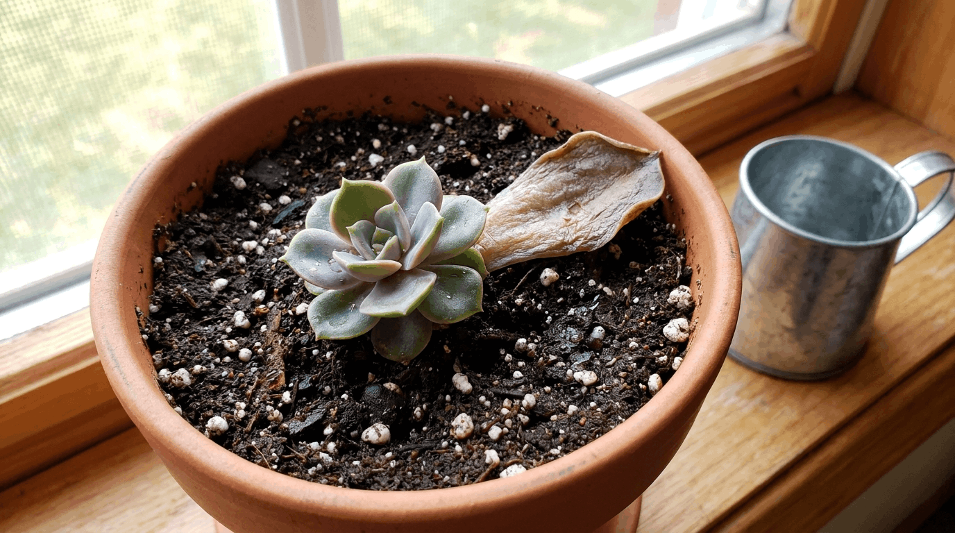 Young succulent rosette being watered lightly in pot transitioning from propagation stage to independent growth phase.