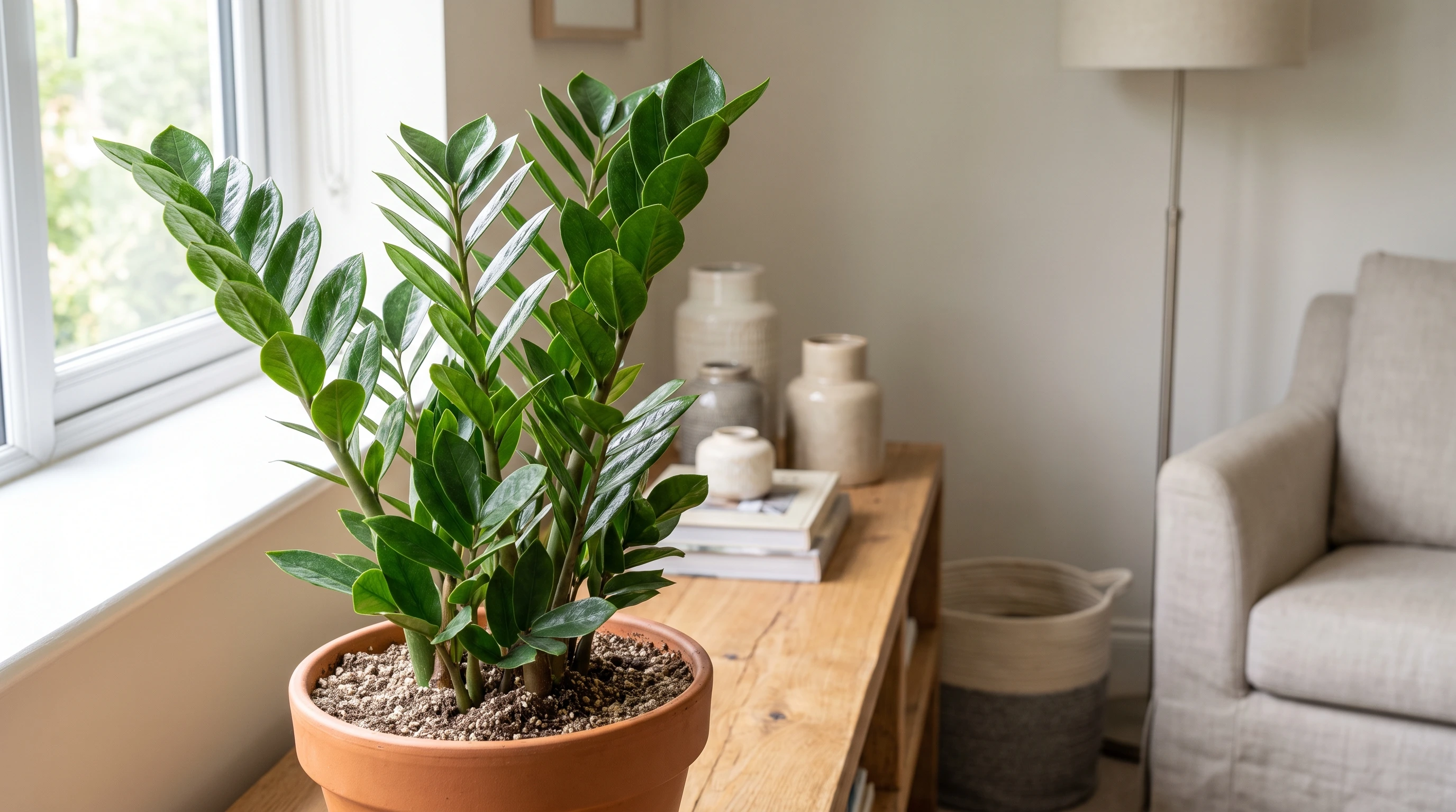 ZZ plant with glossy green leaves placed on an indoor shelf