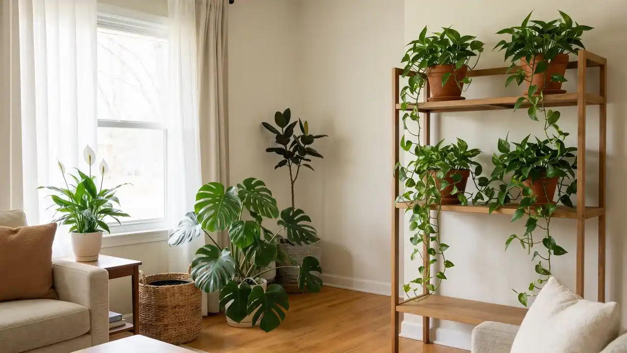 Indoor plants arranged in a bright living room with wooden shelves and natural decor.