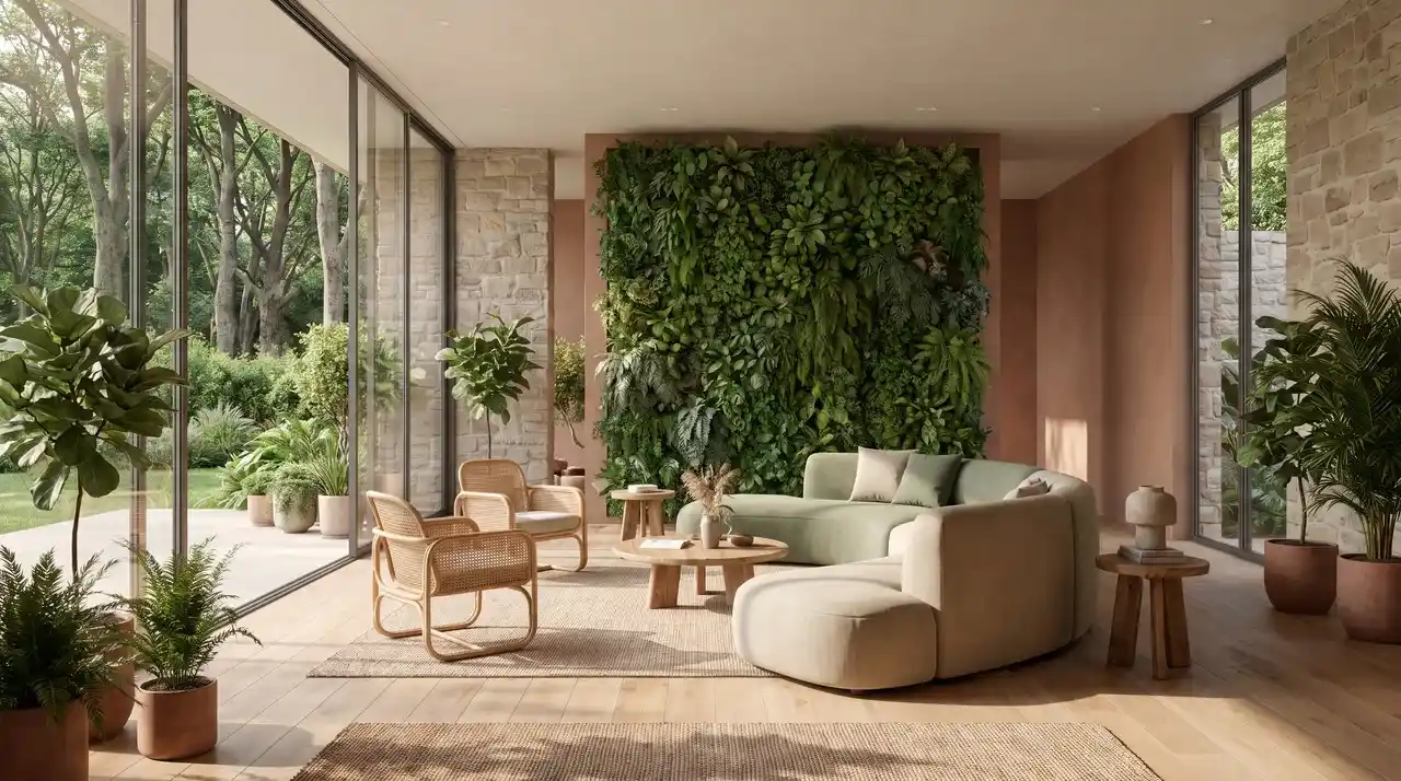 Modern biophilic living room with green wall, indoor plants, glass windows, and natural materials.
