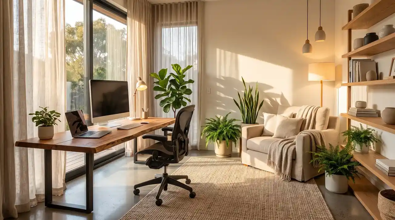 Biophilic home office with plants, wooden desk, natural light, and cozy relaxation corner.
