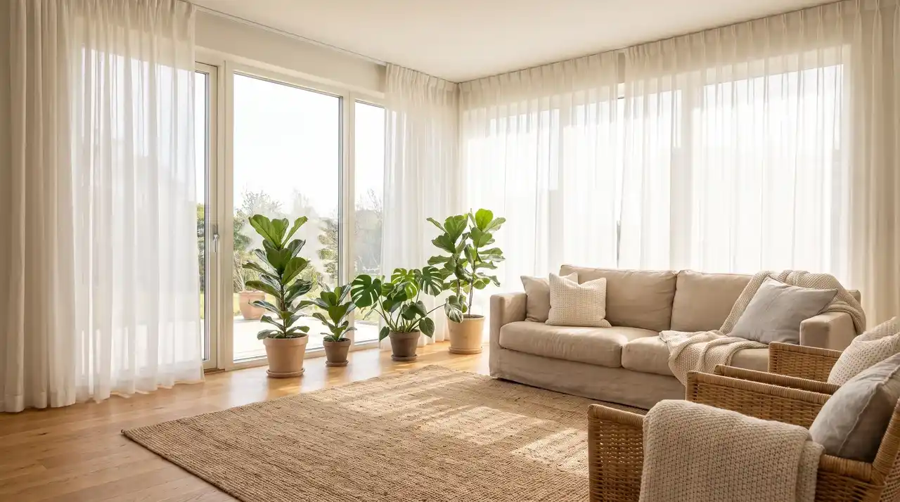 Bright living room with large windows, sheer curtains, plants, and natural sunlight.