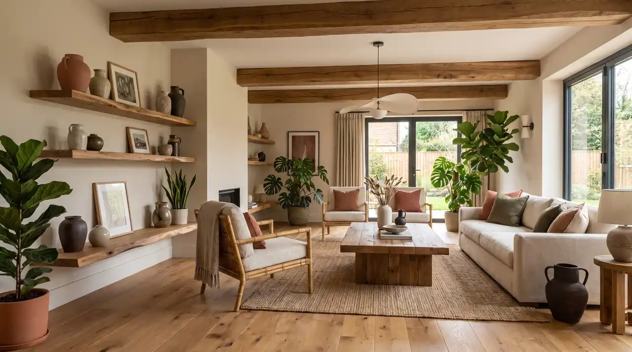 Living room with natural wood beams, wooden furniture, plants, and earthy biophilic decor.