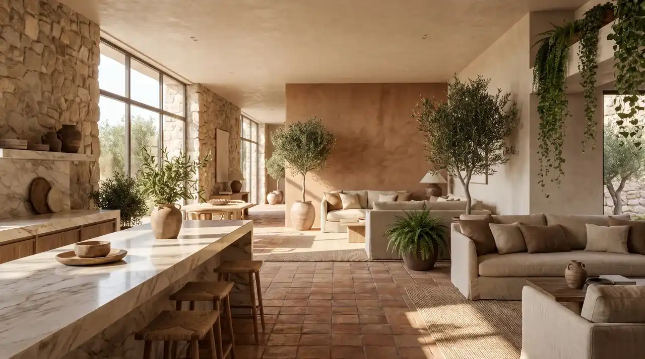 Biophilic interior with stone walls, natural materials, indoor plants, and earthy tones.