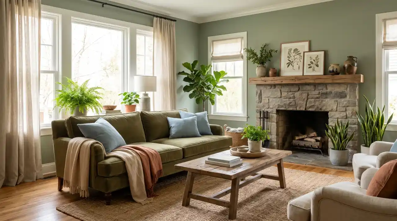 Living room with sage green walls, indoor plants, natural wood furniture, and earthy decor.