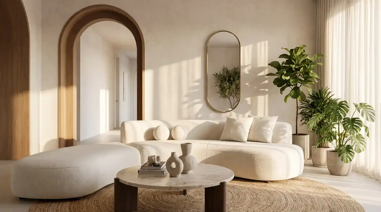 Living room with curved furniture, arched doorway, natural textures, and biophilic interior elements.