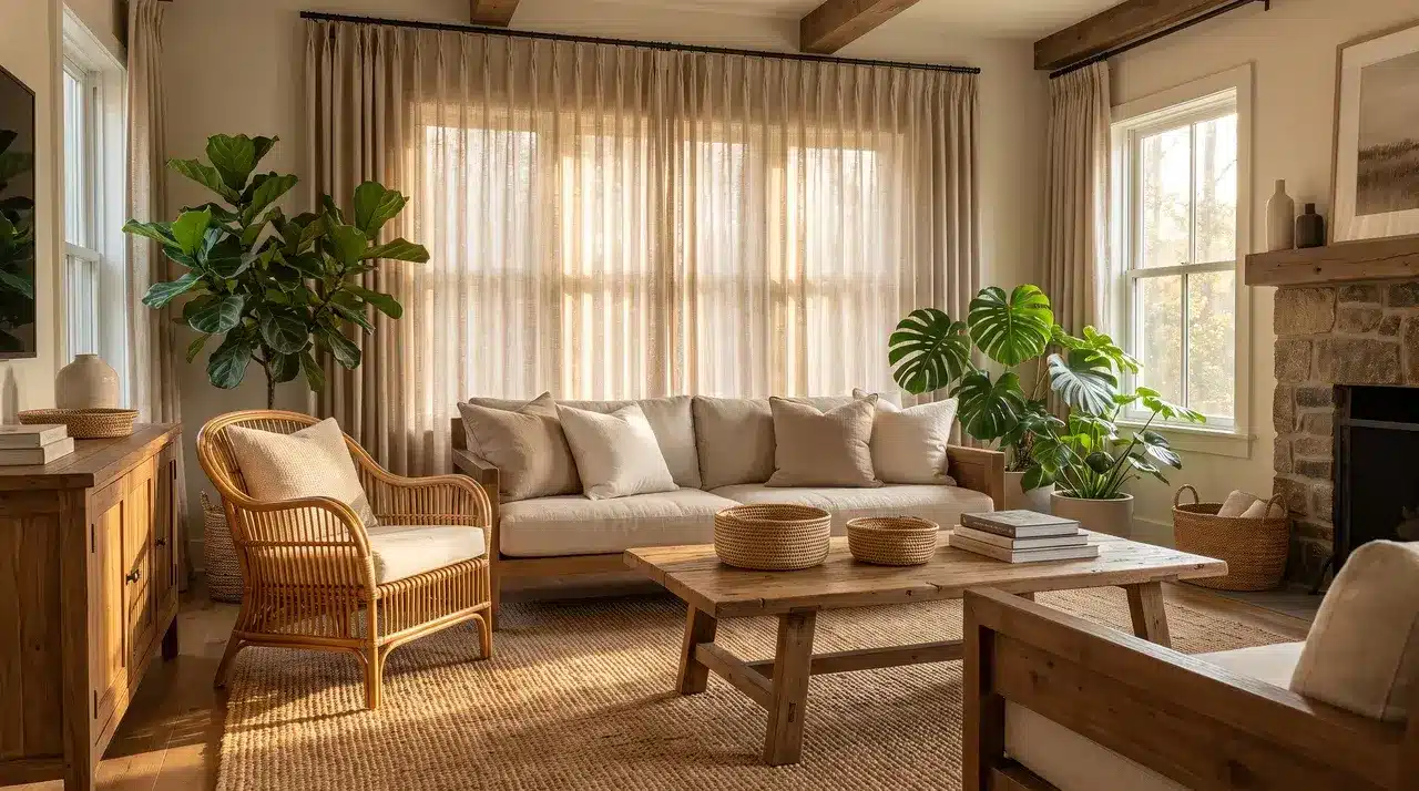 Living room with natural fabrics, rattan furniture, woven rug, wood accents, and indoor plants.