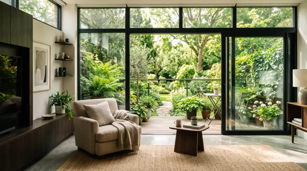Living room with large glass doors overlooking a green garden and natural outdoor views.