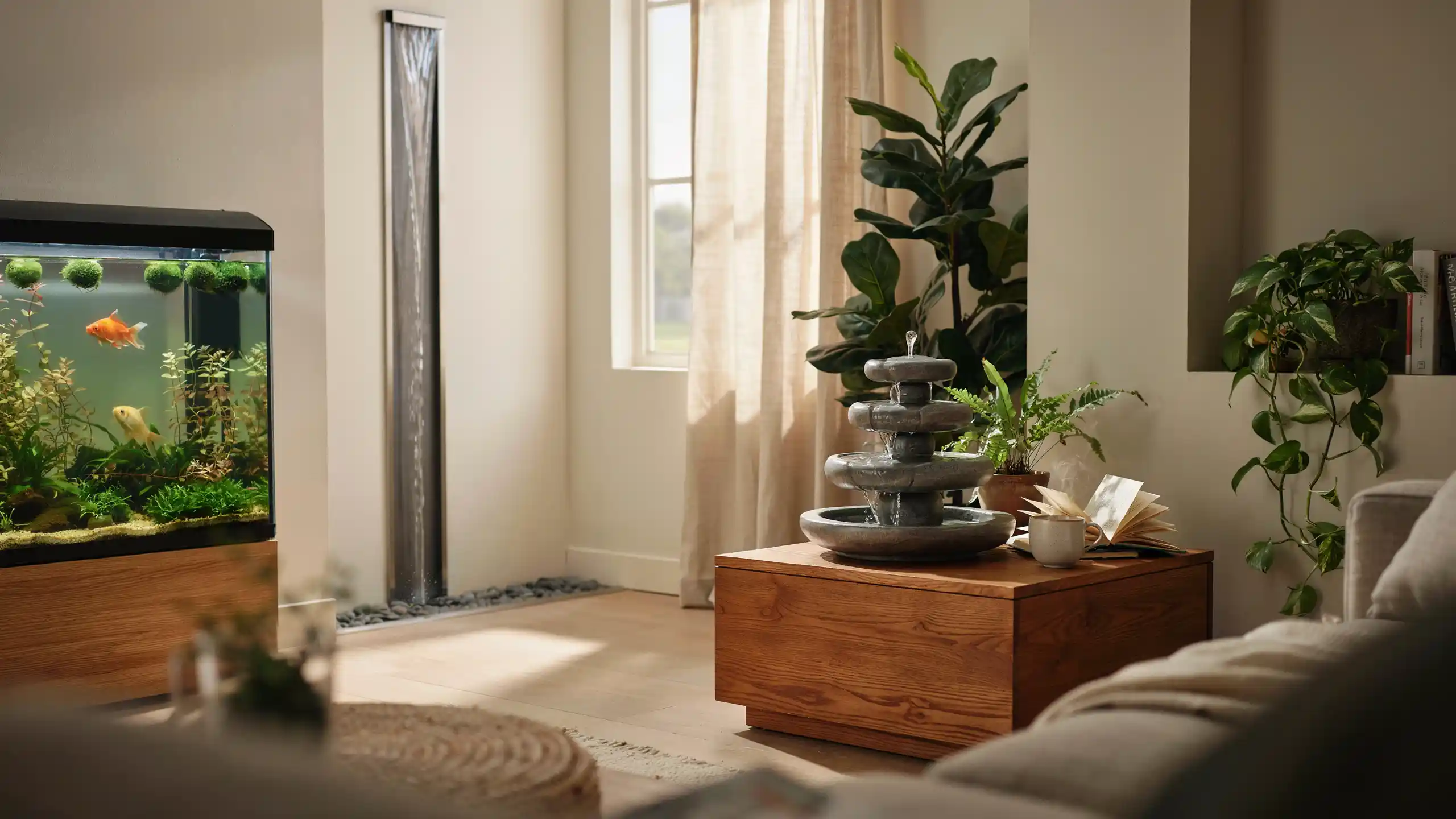 Living room with indoor water fountain, aquarium, plants, and natural elements for biophilic design.