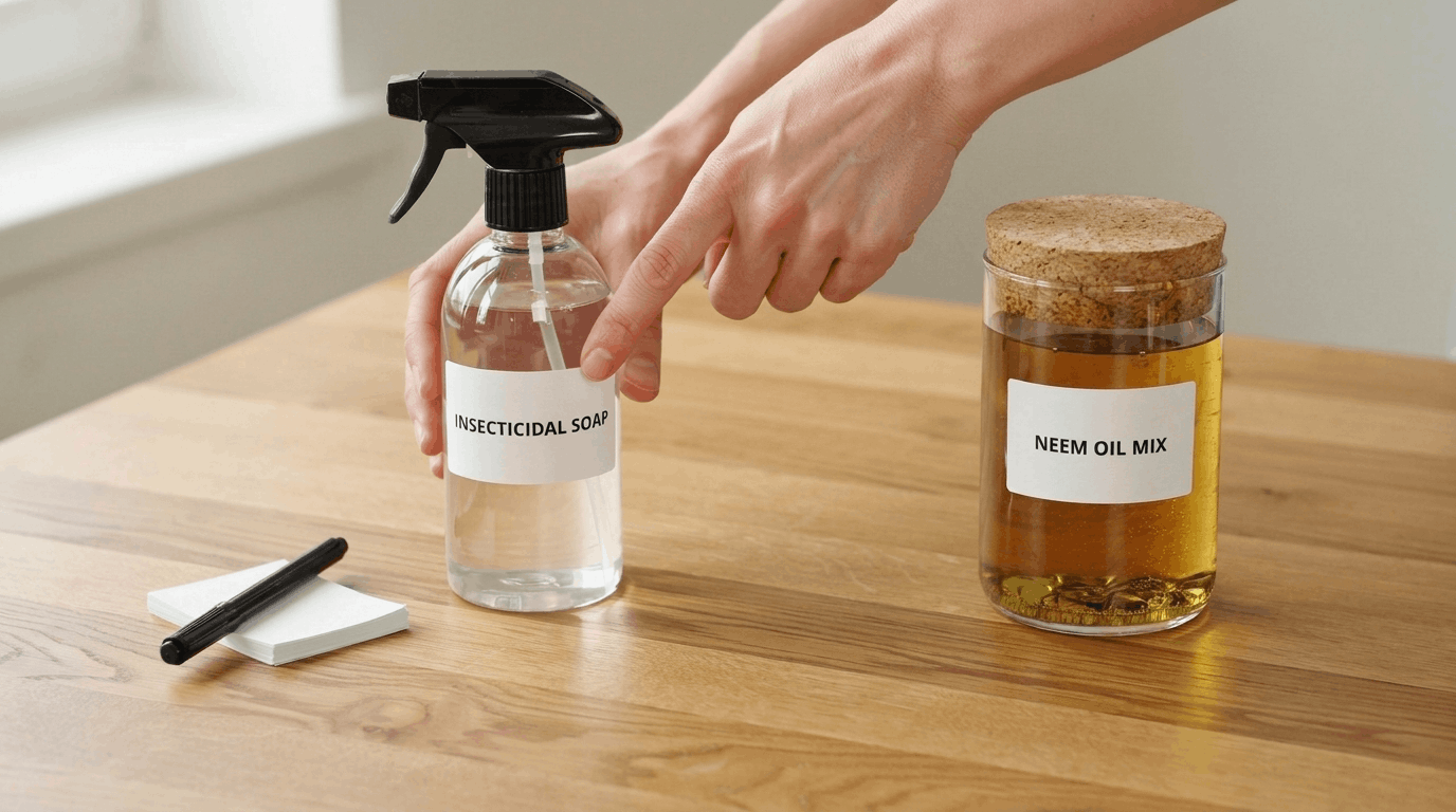 Indoor gardening setup showing separate neem oil and insecticidal soap solutions being prepared on clean wooden table.