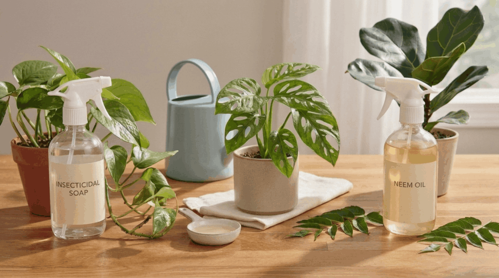 Gardener comparing neem oil and insecticidal soap treatments on houseplants in clean indoor gardening setup.