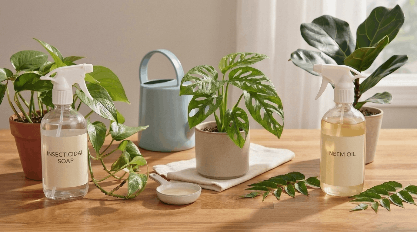 Gardener comparing neem oil and insecticidal soap treatments on houseplants in clean indoor gardening setup.