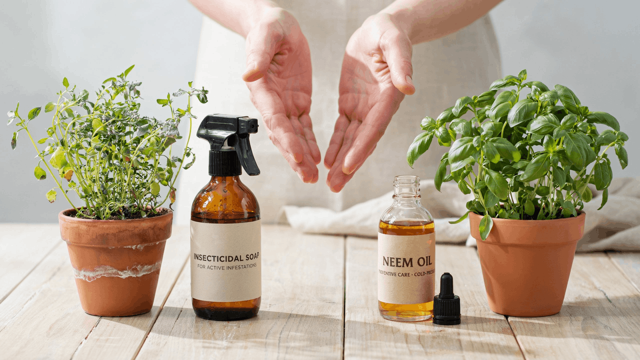 Gardener choosing between neem oil and insecticidal soap based on plant condition in clean indoor workspace.