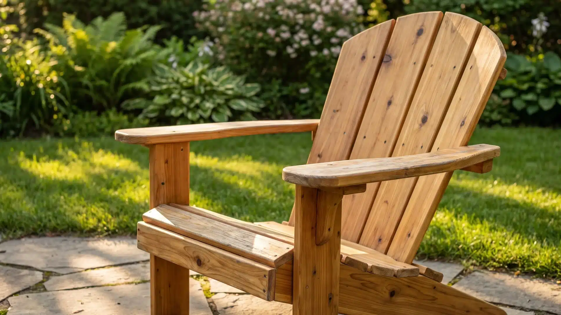 Wooden Adirondack chair in a sunny backyard garden setting with greenery in the background.