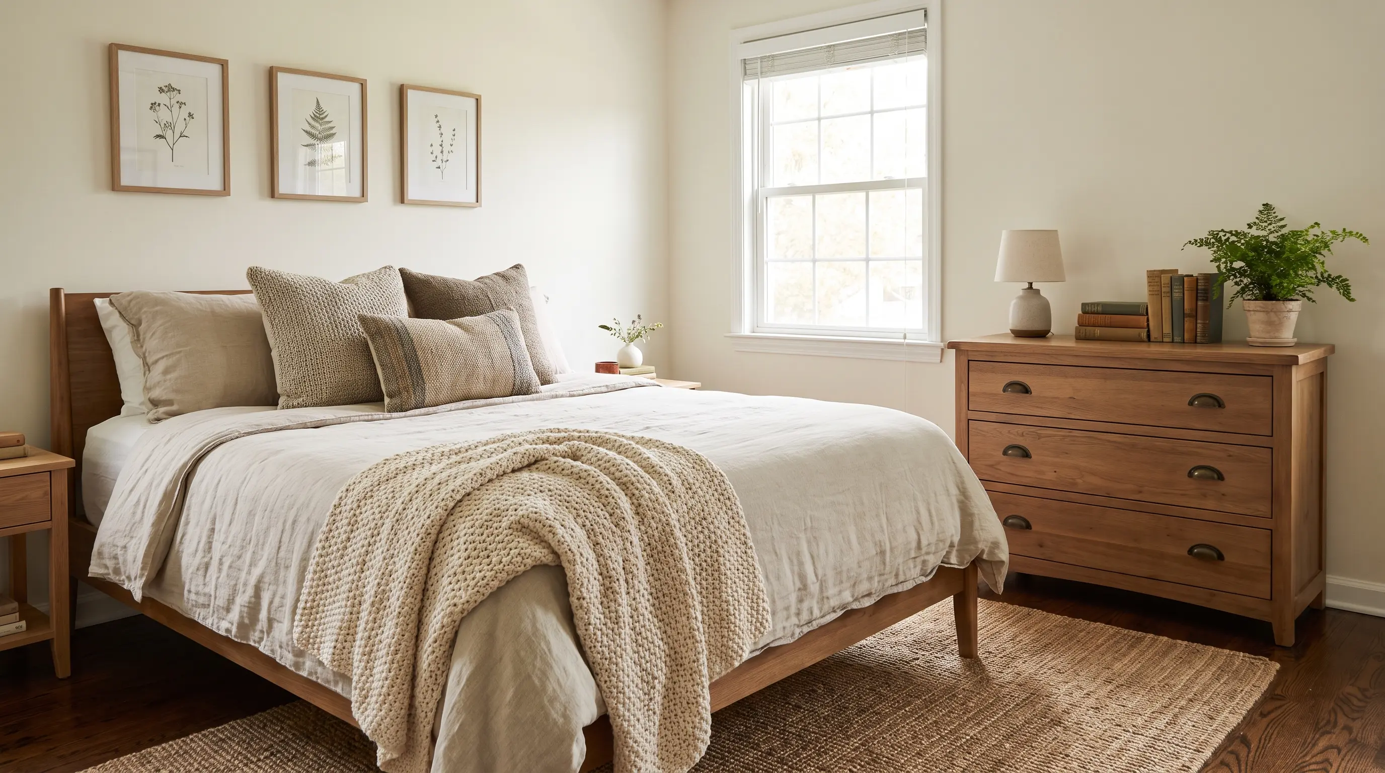 Hotel inspired master bedroom with elegant bedding and warm decor