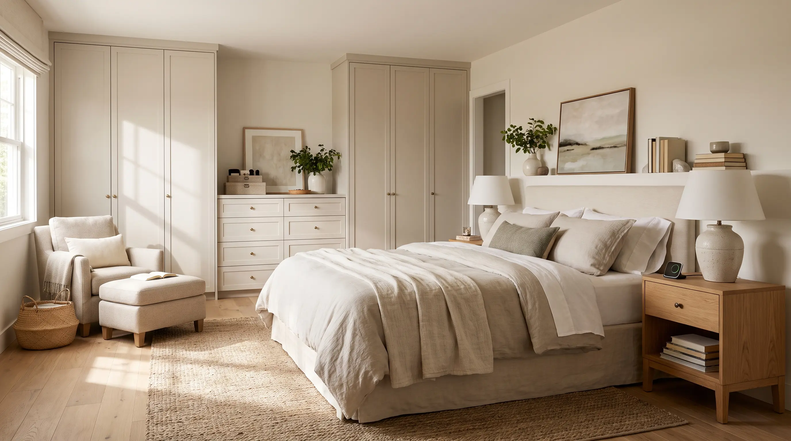 Master bedroom showing balanced bed placement and furniture arrangement