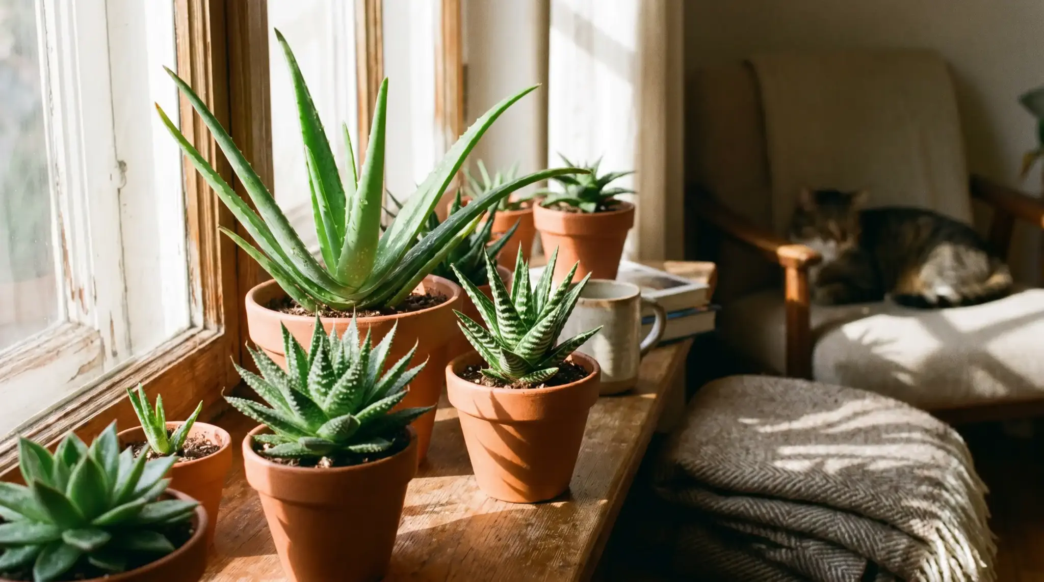 Indoor display of types of aloe plants including aloe vera and lace aloe growing on a sunny windowsill.