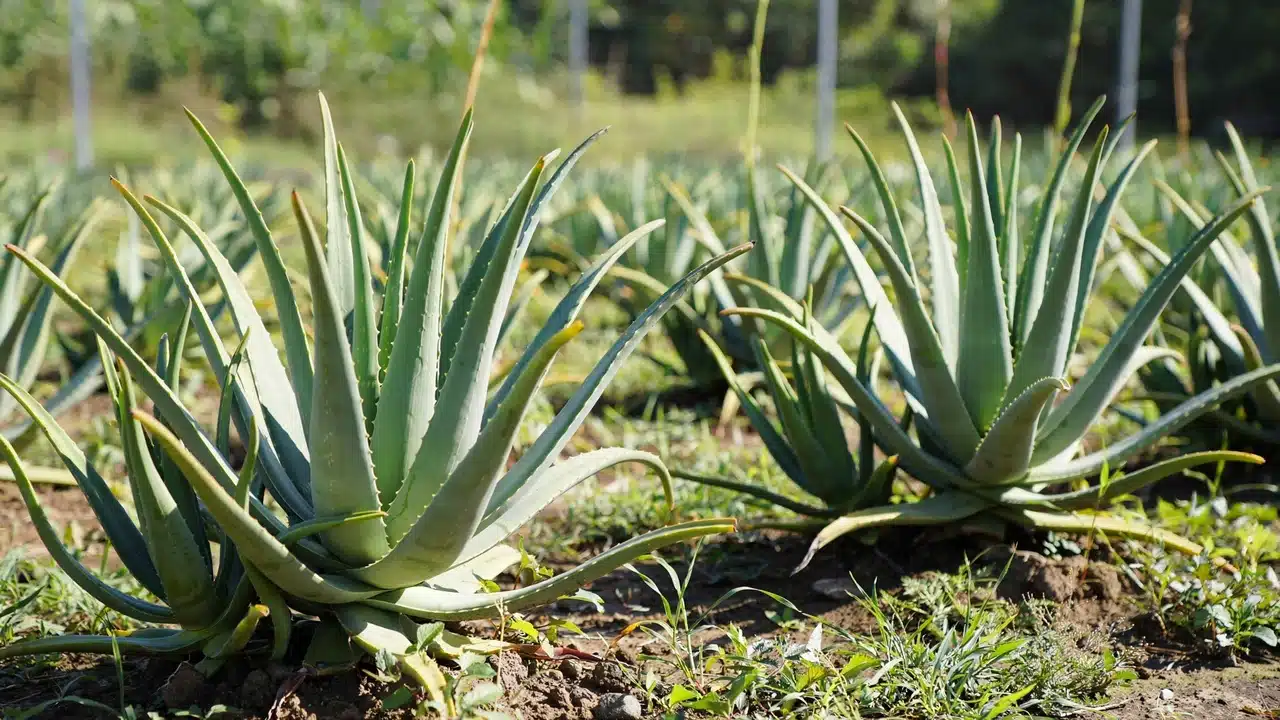 Types of aloe plants growing in outdoor garden beds with gravel soil under natural sunlight in warm climate.