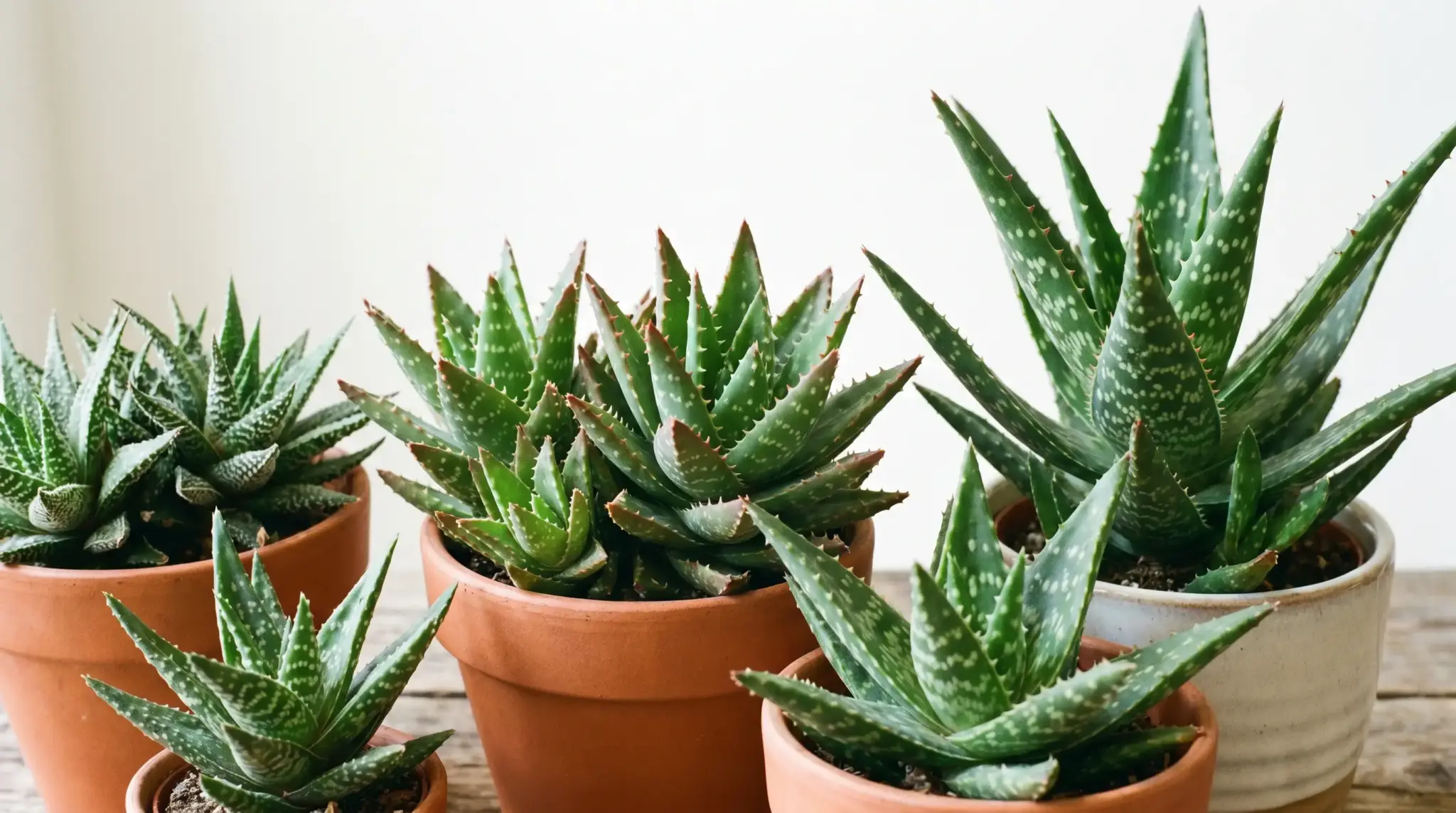 Compact types of aloe plants in terracotta pots showing dwarf varieties with thick spiky leaves on wooden surface.