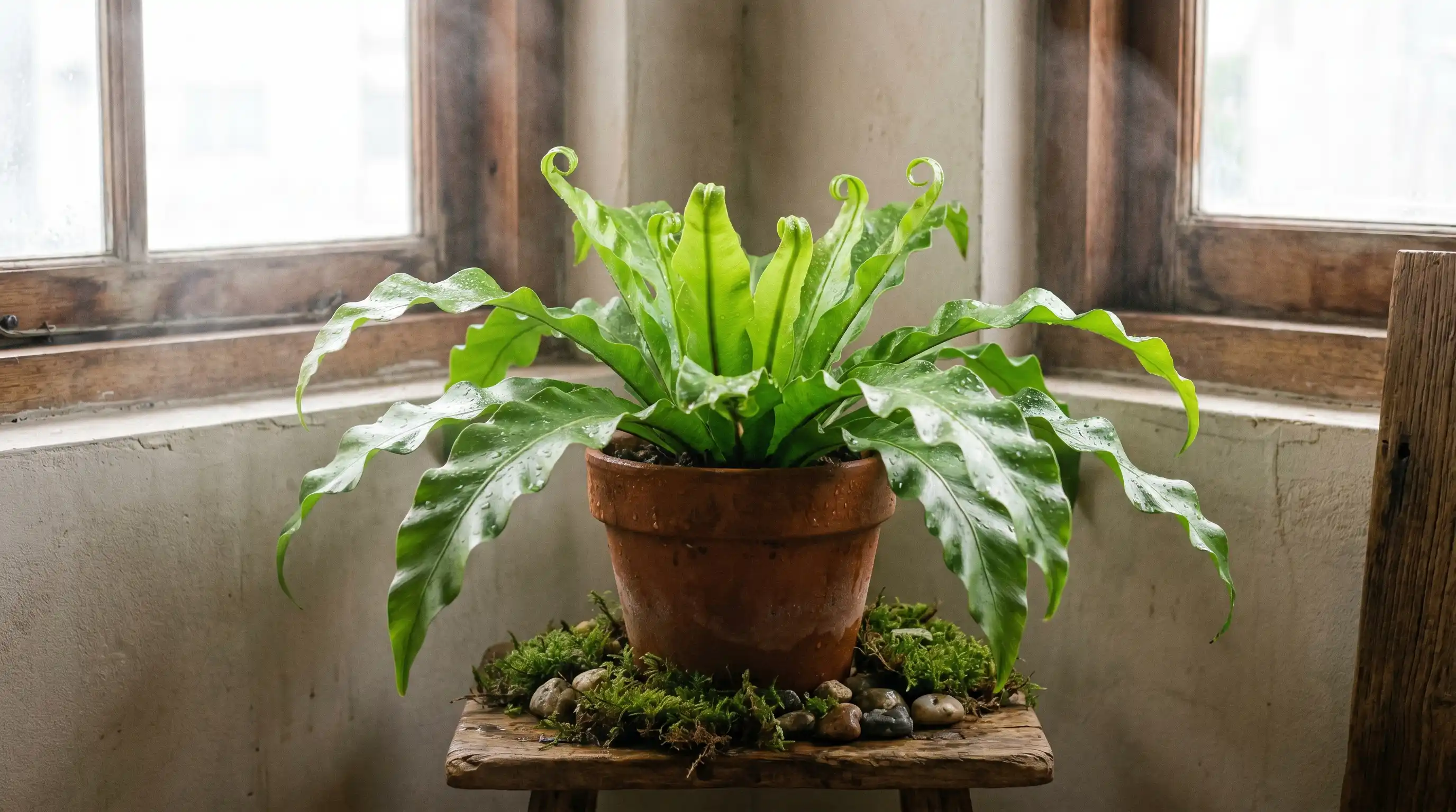 Bird’s nest fern shown as humidity-loving north facing window plants growing in soft filtered natural light indoors.
