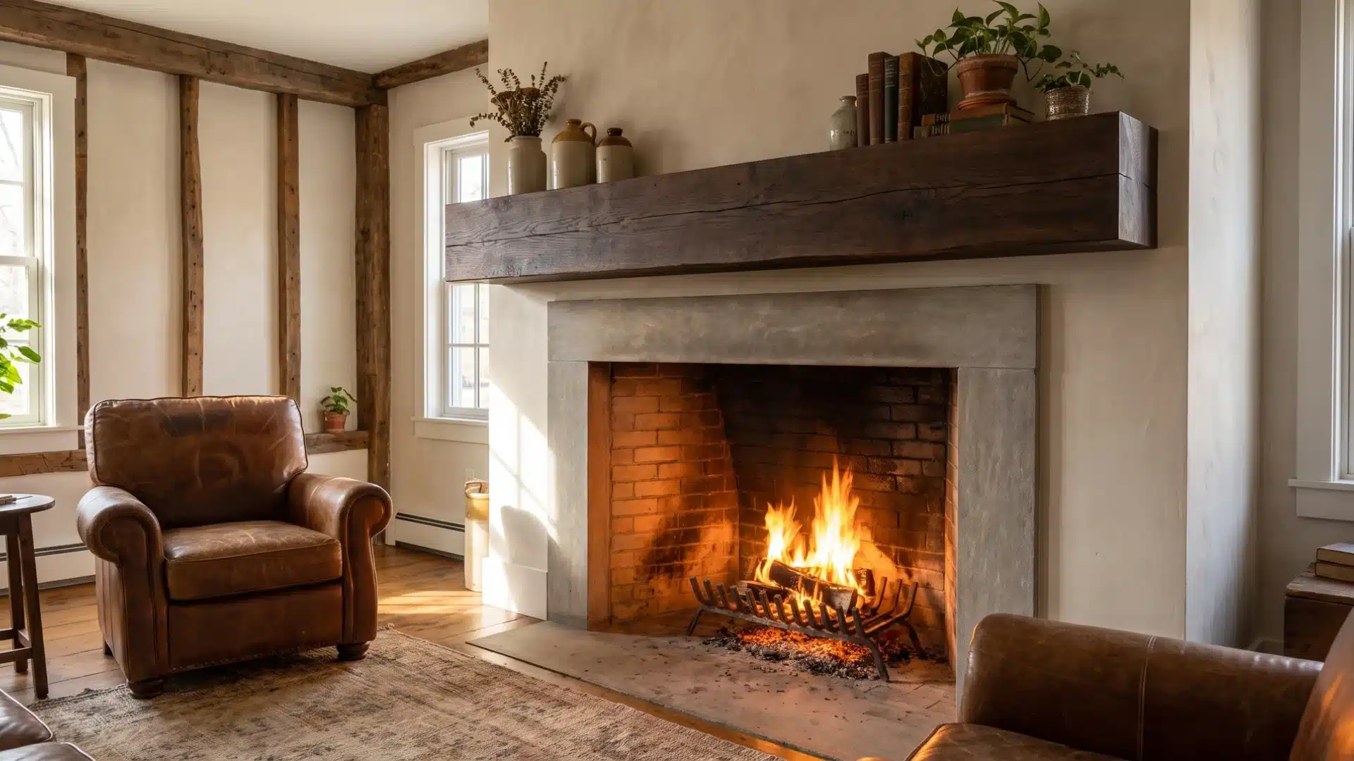Modern box beam fireplace mantel with minimalist decor and farmhouse style interior.